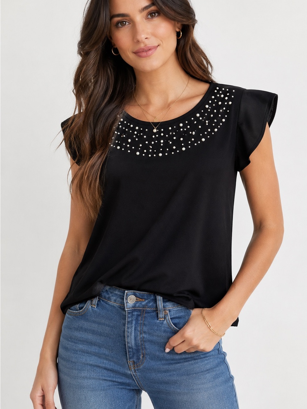 Roz & Ali Embellished Pearl Neckline Blouse – Size Small – Black